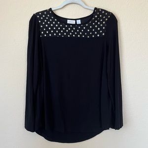 Chicos Black Long Sleeve Gold Polka Dot Scoop Neck Flowy Rounded Hem Top